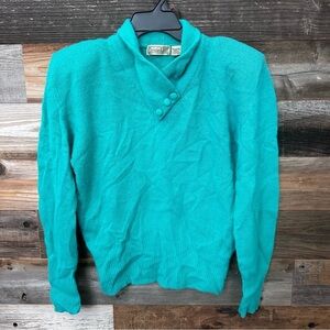 Vintage 80’s Fuzzy Green Angora Lambswool Sweater Medium Shoulder Pads Y2K